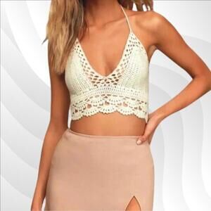2/$30 Lulus Ivory Crochet Halter Top Size M/L | Boho Festival Sleeveless Style